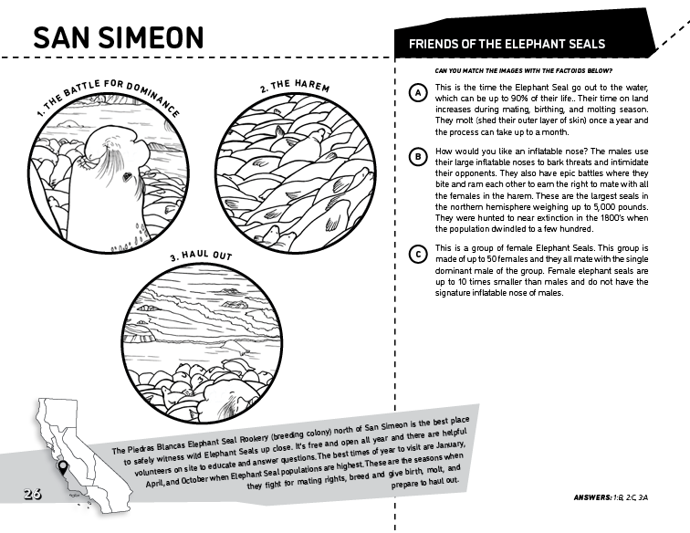 California Coloring Book San Simeon Friends of the Elephant Seals sample page highlighting the iconic landscape and native plants and animals