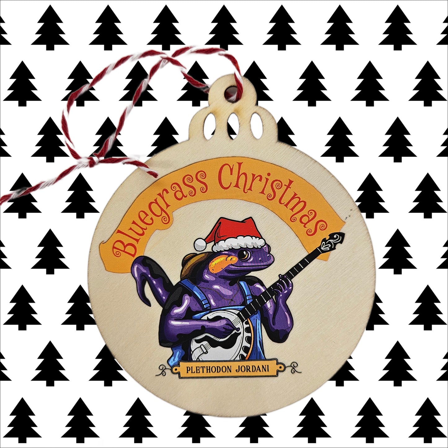 Christmas Ornament of a Salamander playing Bluegrass. 